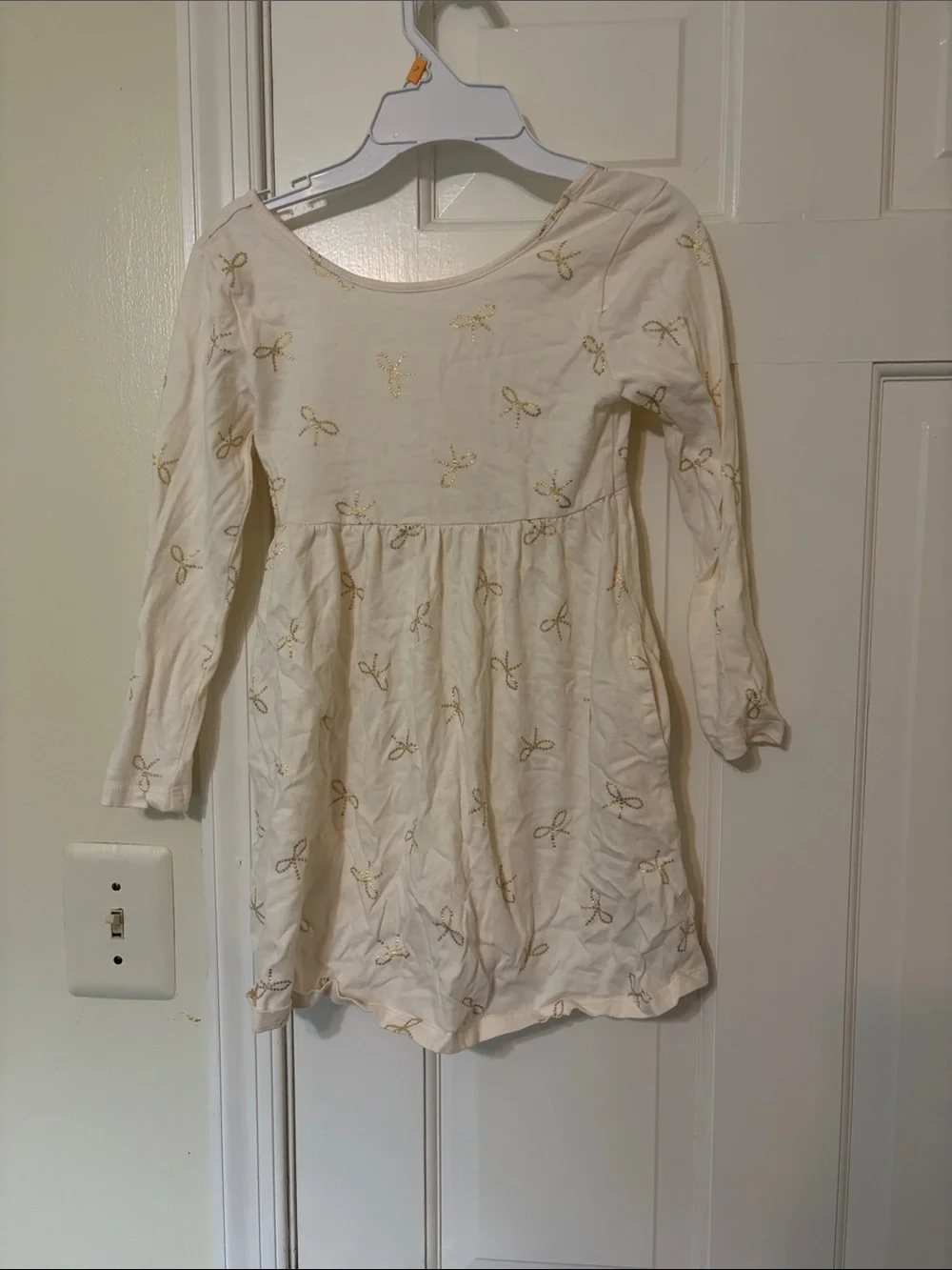 Old Navy Cream Long-Sleeve Dress with Gold Bow Detail